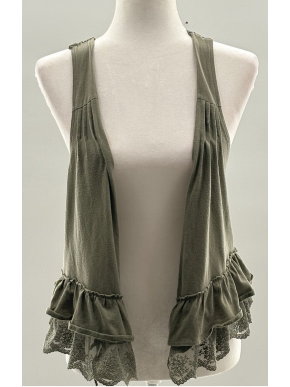 Decree Olive Green Lace Vest Top Large Boho Fairy core Crochet Ruffle Layered